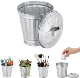 Tangseajiao 747086756864 Mini Galvanized Trash Can With Lid 3.5 X 3.7 Inches Silver