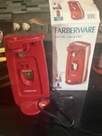 Farberware Electric Can Opener And Knife Sharpener In Red, With Box. Fixed Price $21.99.