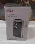 Master Chef Electric Can Opener W/ Wide Base, Stainless Steel, Black. Fixed Price $25.00.